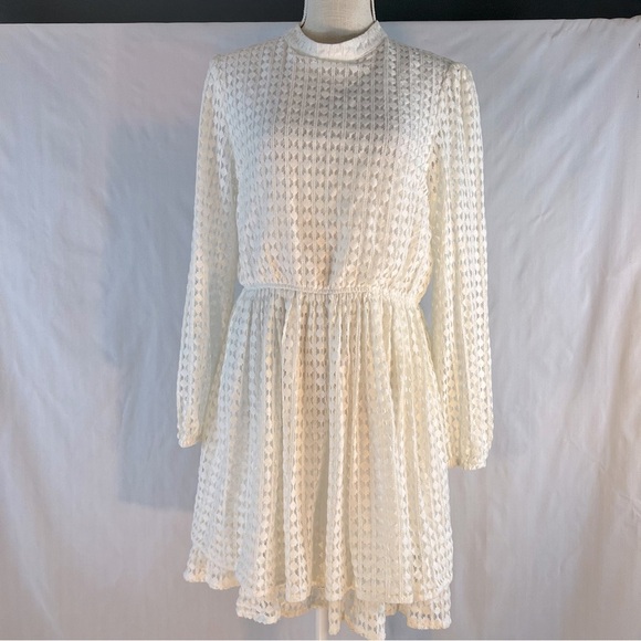 Mustard Seed White Lace Tiered Hemline Shear Long Sleeves High Neck Dress M - Picture 1 of 9